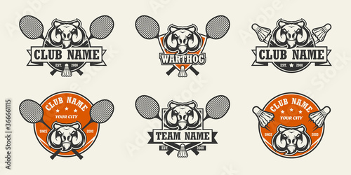 Warthog head sport logo. Set of badminton emblems, badges, logos and labels. Design element for company logo, label, emblem, apparel or other merchandise. Scalable and editable Vector illustration.