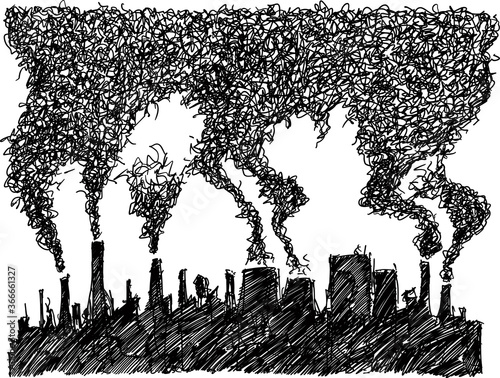 had drawn sketch of modern dark industrial city with lots of pollution and smoke and smog coming from smokestacks and chimneys