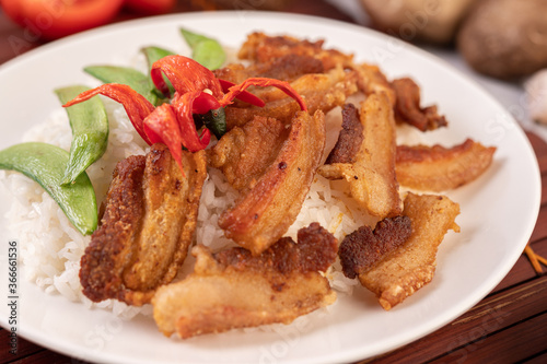 Pork belly fried on steamed rice on a plate.