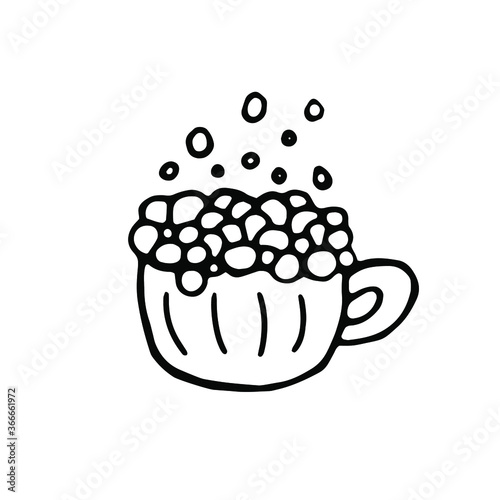 new year hot drink beverage, isolated black and white. Single hand drawn element cocoa with marshmallow for New Year and Xmas greeting cards, posters, stickers and seasonal design. 