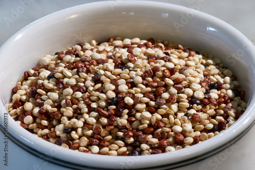 A macro image of a healthy grain mix: white, red and black quinoa with amaranth, filling a small white bowl. Marketed as an 'Andean' superfood ancient grain-mix; with many uses in the kitchen. 