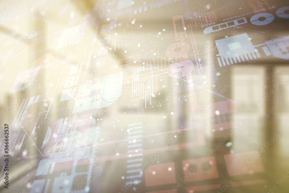 Double exposure of abstract programming language interface on empty modern office background, research and development concept Double exposure of abstract programming language interface on empty modern office background, research and development concept