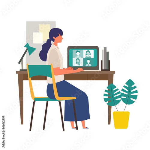 Stay at home concept. Vector illustration of woman in the study room. Concept for any telework illustration, free lance workers, workers at home.