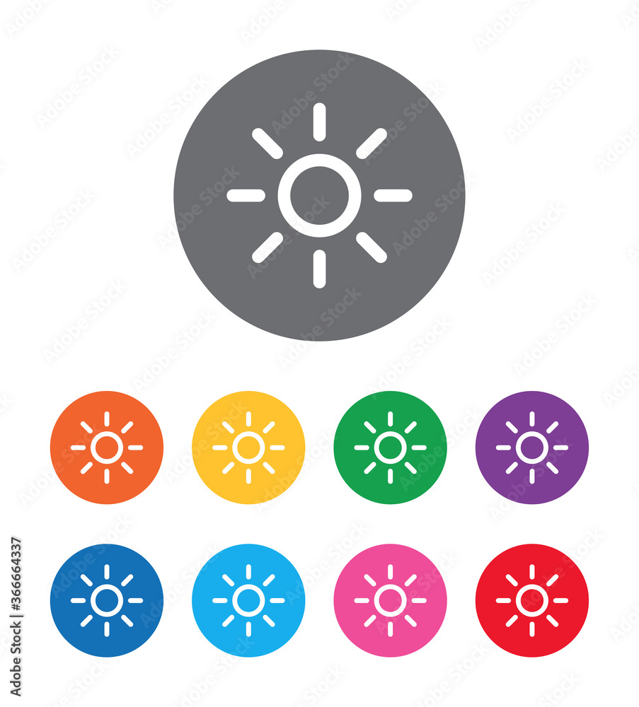 Screen brightness sun icon flat design round button set illustration Screen brightness sun icon flat design round button set illustration