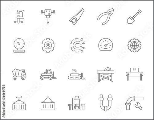 Set of labor and construction icons line style. It contains such Icons as industrial equipment, industry, tools, engineering, machinery, working, work, project, job and other. 