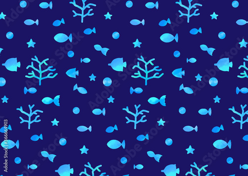 水彩　 海　魚　シームレス　パターン　watercolor sea fish seamless pattern