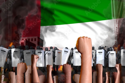 demonstration fighting concept - protest in United Arab Emirates on flag background, police guards stand against the angry crowd -  military 3D Illustration