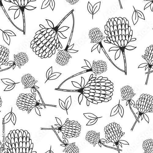 seamless floral pattern with hand drawn red clover flower in black and white. creative floral designs for fabric, wrapping, wallpaper, textile, apparel.