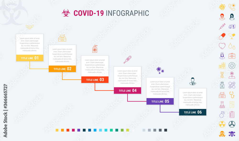 Colorful diagram of covid-19 infographic template. Timeline with 6 options. Coronavirus workflow schedule. Vector design. Many additional icons. Colorful diagram of covid-19 infographic template. Timeline with 6 options. Coronavirus workflow schedule. Vector design. Many additional icons.