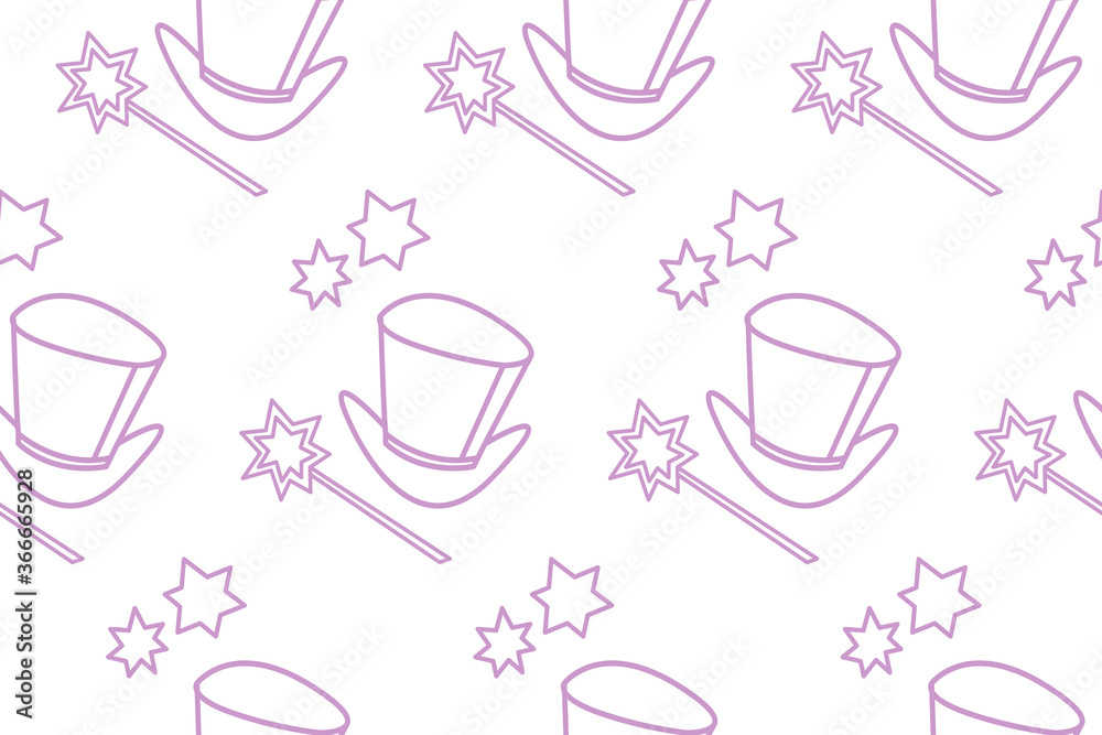 Seamless pattern with Icon, symbol of a magician, wizard or conjurer. Top hat, shiny magic wand. Vector background and texture. Party poster, advertising, banner, placard design template Seamless pattern with Icon, symbol of a magician, wizard or conjurer. Top hat, shiny magic wand. Vector background and texture. Party poster, advertising, banner, placard design template