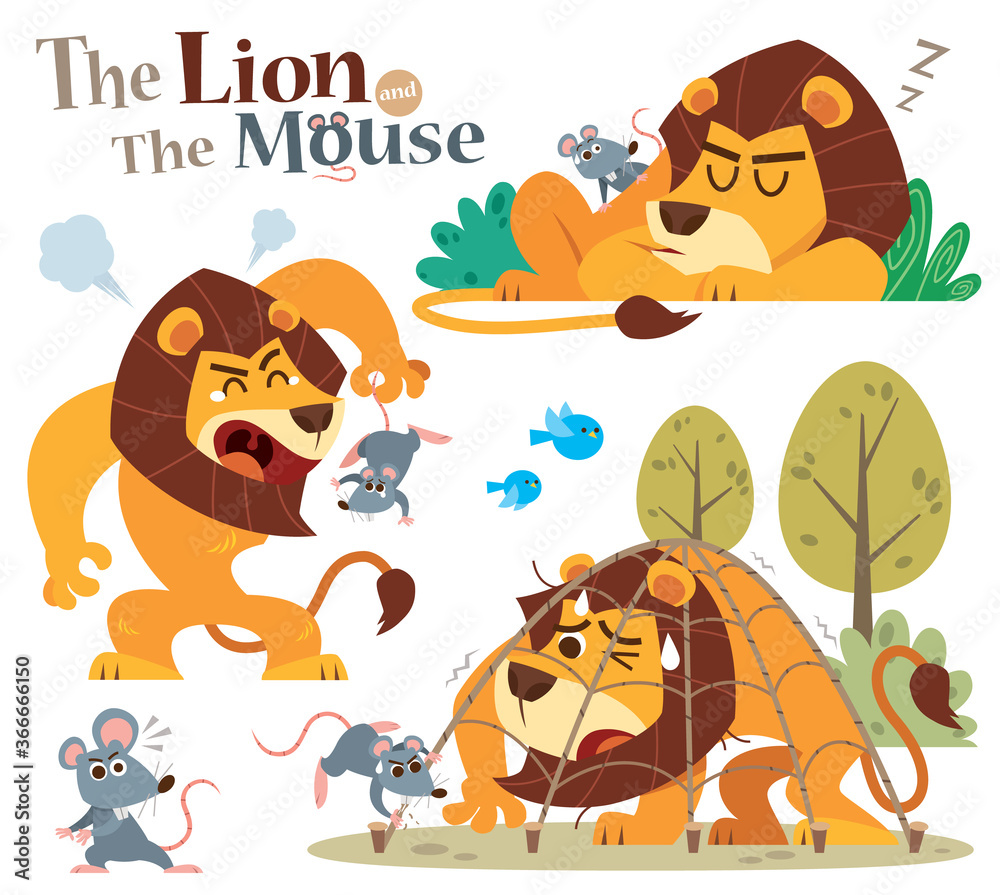 Poster Vector Illustration Of Cartoon The Lion And The Mouse Wall Art 