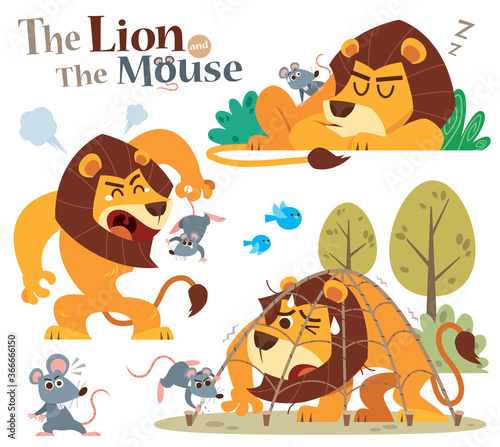 Vector Illustration of Cartoon The Lion and the Mouse. Aesop fairy fable tale
