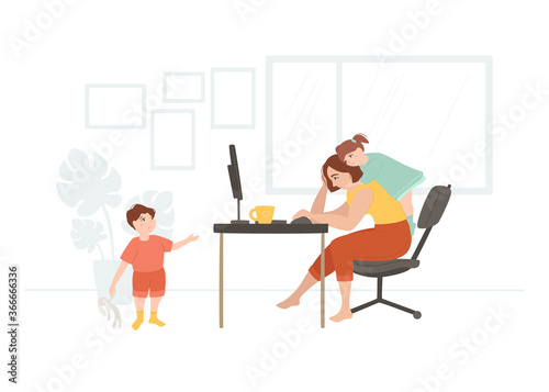 Tired woman working from home. Little son and daughter require attention from mother. Unhappy family. Freelance and remote job concept. Character design. Vector illustration on white background. 