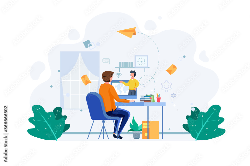 Student do online education, hear to the tutor in the computer. e-learning concept. Business worker work from home. Male with computer technology illustration concept. Vector Student do online education, hear to the tutor in the computer. e-learning concept. Business worker work from home. Male with computer technology illustration concept. Vector