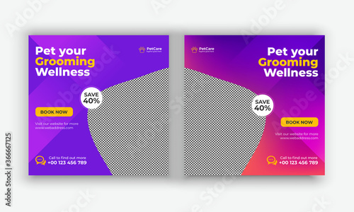 Pet care social media post or web banner template. Pet care service promotional banner. Pet shop bundle stories, we care about your pet, grooming wellness
