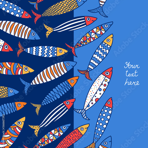 Lovely sardines. Postcard with colorful fish.