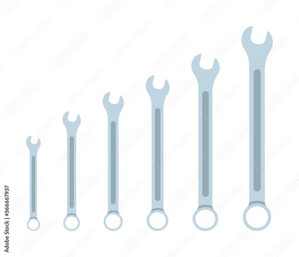 Set of Wrench icon flat elements. From small to large. Size Grey colored vector illustration of wrench icon flat isolated on clean background for web mobile app logo design Set of Wrench icon flat elements. From small to large. Size Grey colored vector illustration of wrench icon flat isolated on clean background for web mobile app logo design