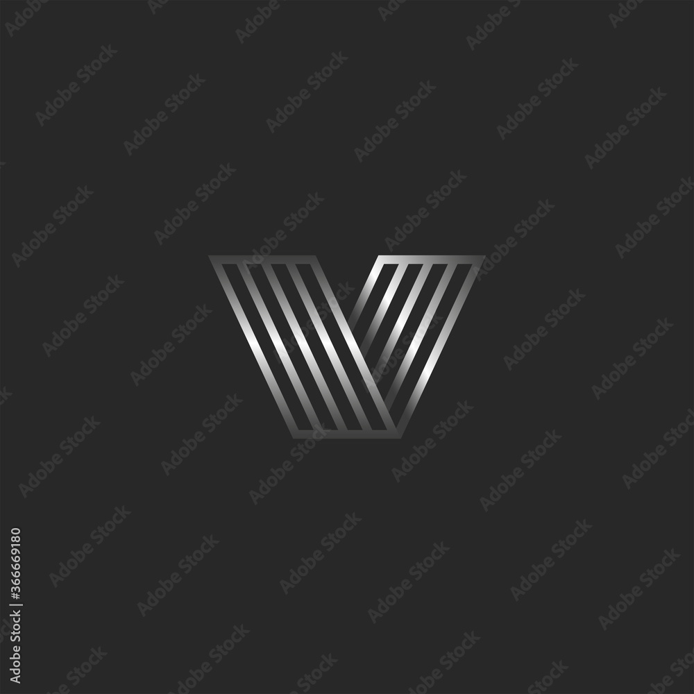 Monogram V 3d logo letter creative monogram, direction symbol, typography design element, metallic gradient stripes