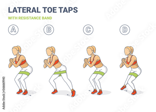 Lateral Toe Taps with Resistance Band Girl Silhouettes. Side Toe Steps with Mini-band Home Workout Exercise Sequentially