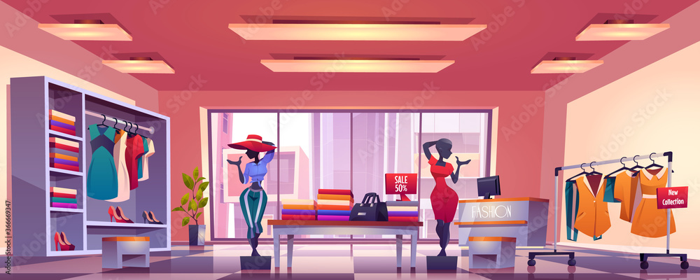 Fototapeta Fashion store interior with counter, mannequins, hangers and showcase with dresses and shoes. Vector cartoon illustration of boutique inside, clothes shop with discount