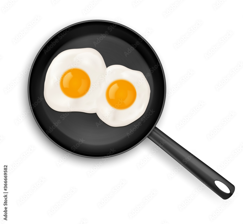 Fried eggs on frying pan top view isolated on white background. Delicious omelette healthy easy breakfast, fresh homemade meal. Traditional breakfast, International cuisine food. Realistic 3d vector Fried eggs on frying pan top view isolated on white background. Delicious omelette healthy easy breakfast, fresh homemade meal. Traditional breakfast, International cuisine food. Realistic 3d vector