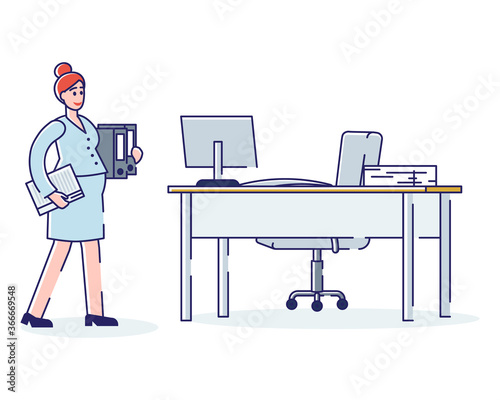 Pregnant woman working in office. Business lady on eight month on workplace