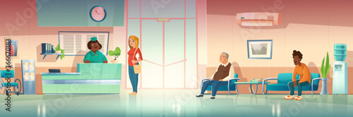 People in hospital hallway, clinic hall interior with receptionist on reception desk, patients waiting appointment in corridor couch, glass entrance door and water cooler. Cartoon vector illustration