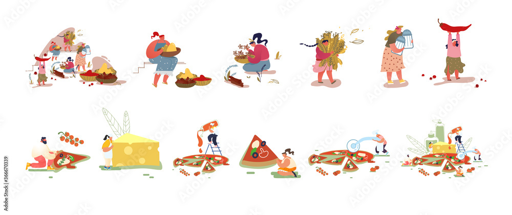Set of Male and Female Characters Sell, Buy and Use Spices for Cooking. People Cook, Slicing or Eating Pizza. Spicy Food