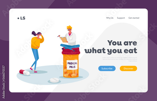 Health and Healthcare Landing Page Template. Tiny Doctor Character Sit on Huge Medicine Bottle Writing Recipe to Patient