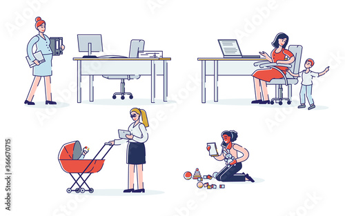 Pregnancy and career set. Cartoon women working on maternity leave with small kids