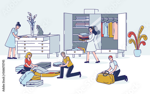 People packing for luggage travel. Young men and women putting clothes from wardrobe in suitcases