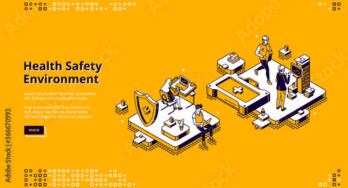 Hse, health safety environment isometric landing page. Business people characters working in office. Healthcare environmental protection and safe work conditions concept, 3d vector line art web banner