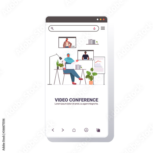 businesswoman chatting with mix race colleagues during video call busines people having online conference meeting communication concept smartphone screen copy space full length vector illustration