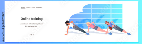 mix race women doing yoga fitness exercises training healthy lifestyle concept girls working out horizontal full length copy space vector illustration
