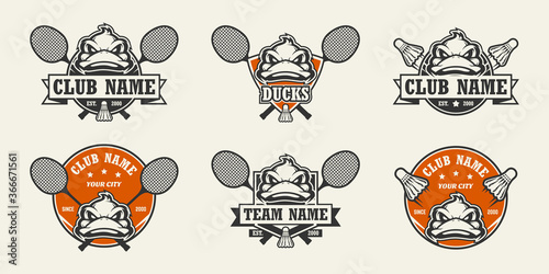 Duck head sport logo. Set of badminton emblems, badges, logos and labels. Design element for company logo, label, emblem, apparel or other merchandise. Scalable and editable Vector illustration.