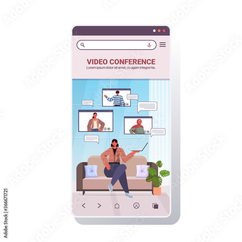 woman chatting with mix race friends during video call people having online conference meeting communication concept smartphone screen mobile app copy space vector illustration