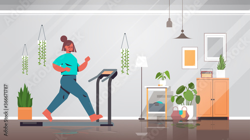 woman running on treadmill at home girl having workout cardio fitness training healthy lifestyle home sport concept living room interior full length vector illustration