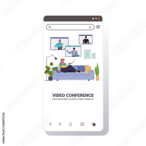 woman chatting with mix race friends during video call people having online conference meeting communication concept living room interior smartphone screen vector illustration