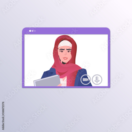 arab businesswoman having virtual conference during video call remote work quarantine isolation communication concept arabic woman in web browser window portrait horizontal vector illustration