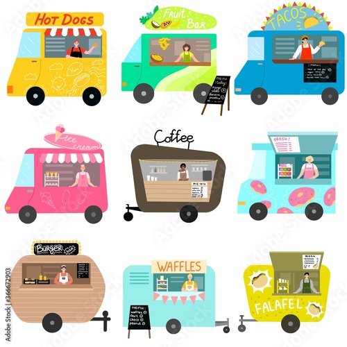 Set of street food trucks with national cuisine vector illustration
