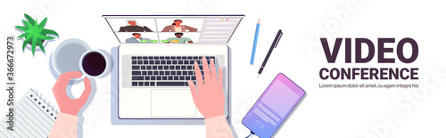 businessperson chatting with mix race colleagues during video call business people having online conference meeting communication concept workplace desk top angle view copy space vector illustration