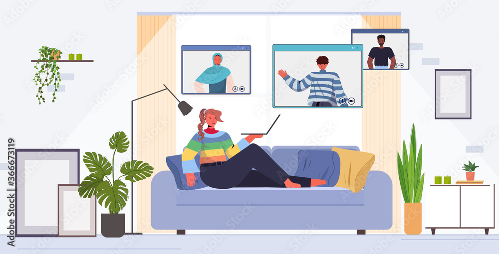 woman chatting with mix race friends during video call people having online conference meeting communication concept living room interior horizontal full length vector illustration