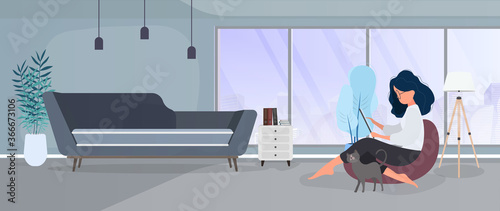 Work from home banner. The girl sits on an ottoman and works at the tablet. A woman with a tablet is sitting on a large pouf. Comfortable work at home concept. Vector.