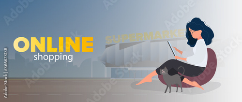 Online shopping banner. The girl is sitting on an ottoman with a tablet. A woman with a tablet sits on a large pouf and makes an order. Vector.