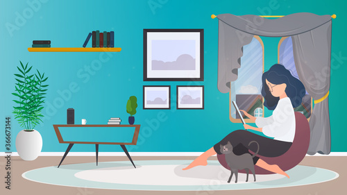 Work from home banner. The girl sits on an ottoman and works at the tablet. A woman with a tablet is sitting on a large pouf. Comfortable work at home concept. Vector.