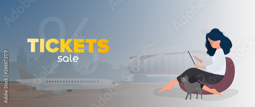 Sale of tickets banner. Discount on air tickets. The girl is sitting on an ottoman with a tablet. A woman with a tablet sits on a large pouf and places an order. Vector.