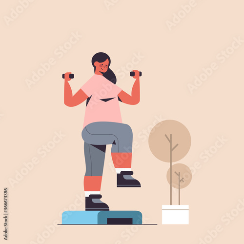 sportswoman doing exercises with dumbbells on step platform girl having workout cardio fitness training healthy lifestyle sport concept full length vector illustration