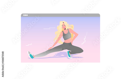 woman doing yoga fitness exercises online training healthy lifestyle concept girl in web browser window horizontal vector illustration
