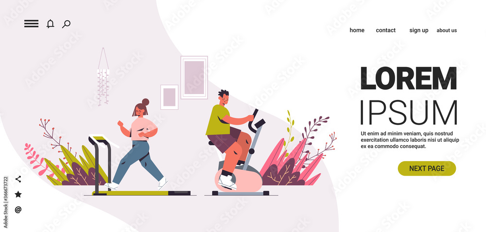girl running on treadmill man riding stationary bike couple having workout cardio fitness training healthy lifestyle home sport concept horizontal copy space full length vector illustration