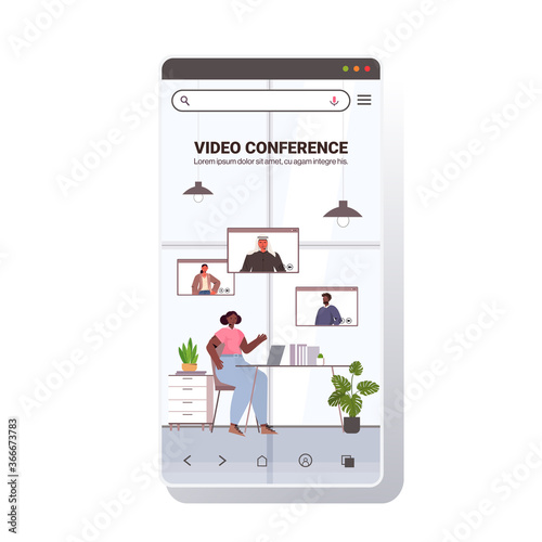 businesswoman chatting with mix race colleagues during video call busines people having online conference meeting communication concept smartphone screen copy space full length vector illustration